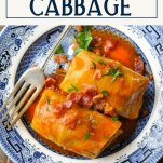 Overhead image of stuffed cabbage on a blue and white plate with text title box at top