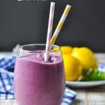 Banana blueberry smoothie image with text overlay