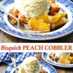 Long collage image of Bisquick Peach Cobbler