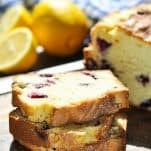 Front shot of three stacked slices of lemon blueberry bread