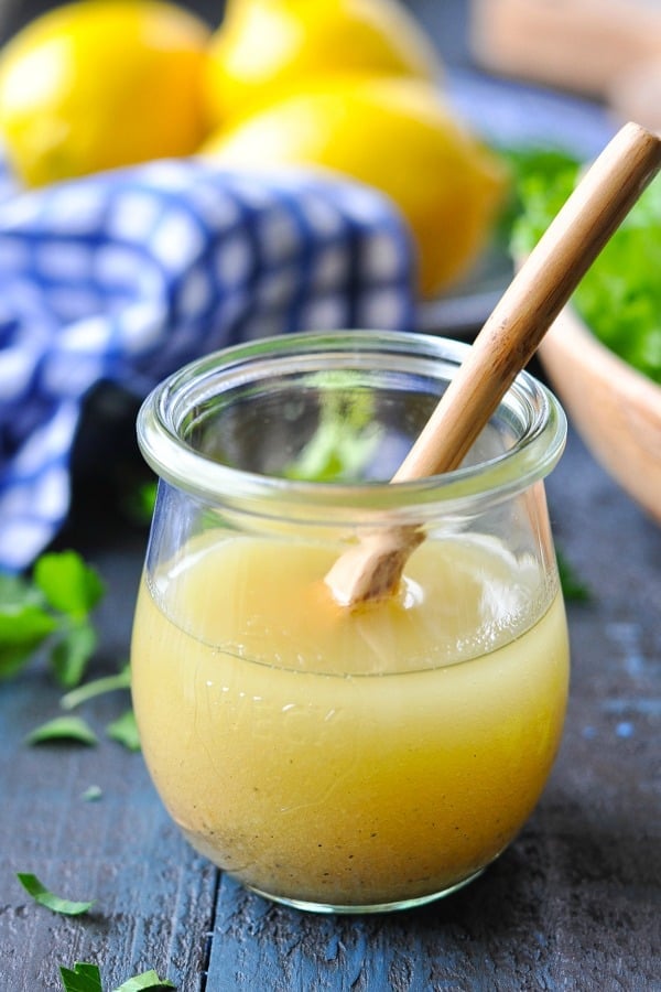 Front shot of lemon vinaigrette in a glass jar