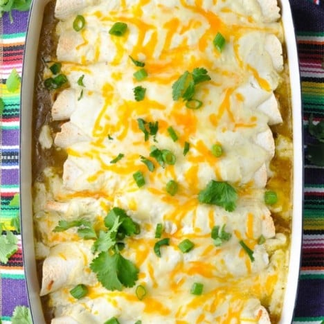 Overhead shot of a pan of sour cream chicken enchiladas with green sauce in a white dish on a striped tablecloth