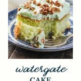 Slice of Watergate cake with text title at the bottom
