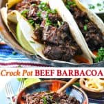 Long collage image of Crock Pot Beef Barbacoa