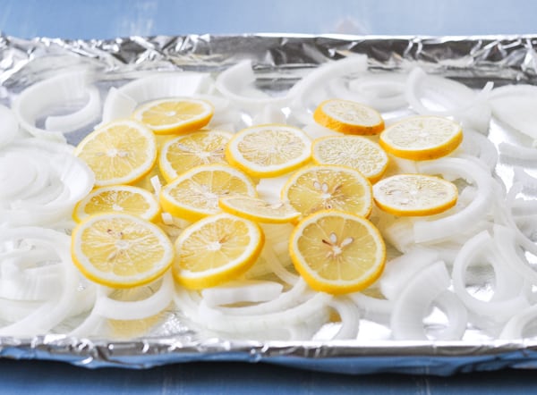 Lemons and onions on a sheet pan