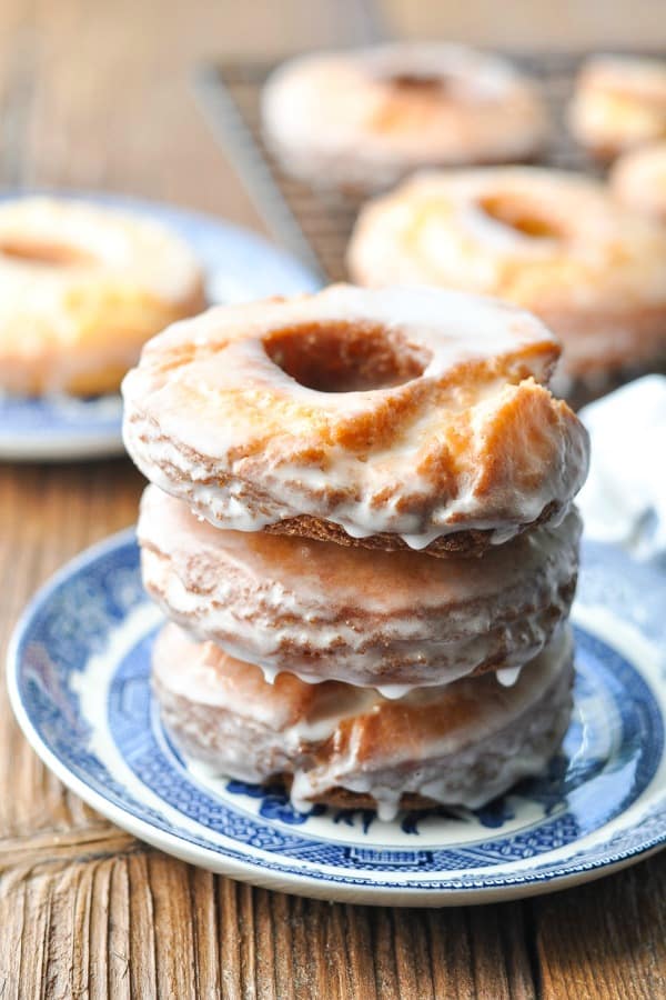 Stack of three old fashioned sour cream doughnuts sitting on top of each other