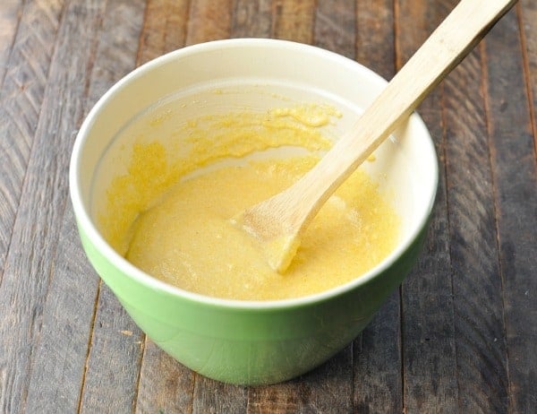 Batter for skillet cornbread in a mixing bowl