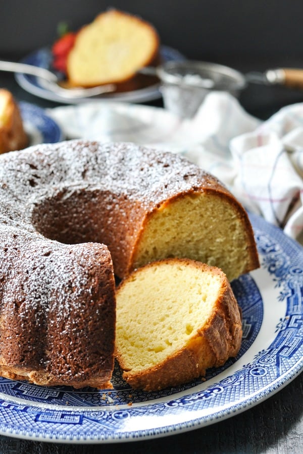 Front shot of a sliced southern pound cake