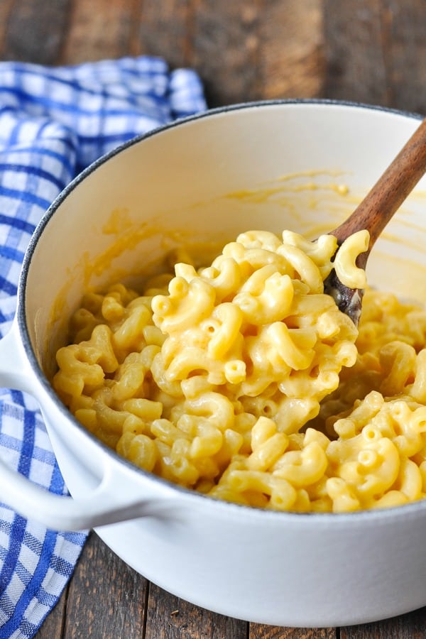 Close up front shot of creamy mac and cheese on a wooden spoon