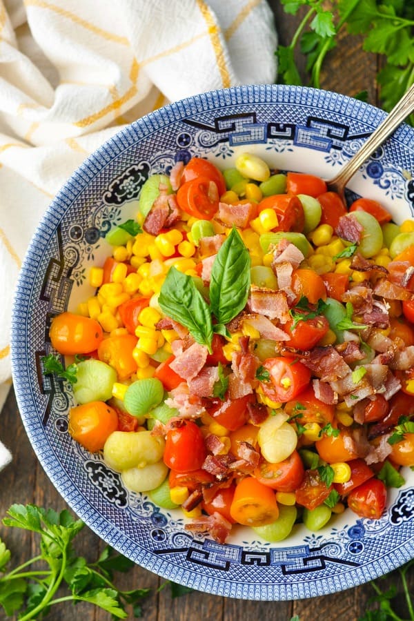 Silver spoon in a bowl of southern succotash recipe
