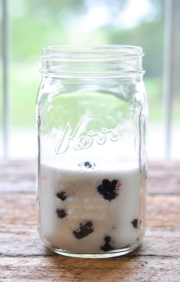 Sugar and blackberries in a mason jar
