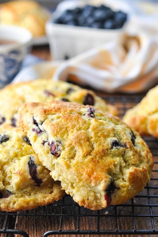 Close up front shot of a bakery style blueberry scone recipe