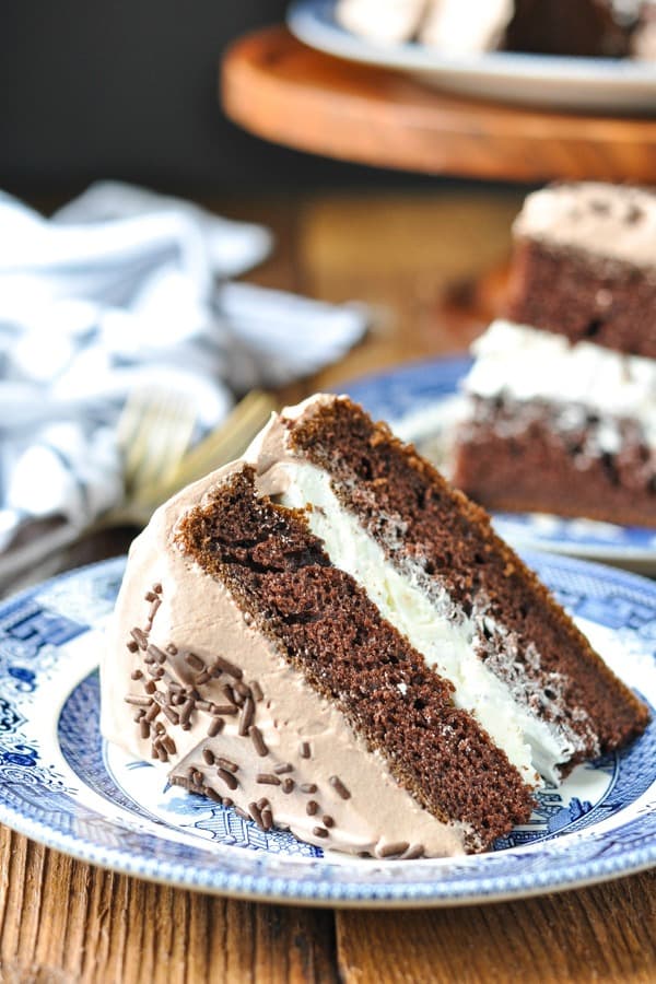 Close up shot of a slice of chocolate cake with cream filling