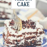 Fork in a chocolate icebox cake with text title overlay
