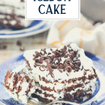 Slice of the best icebox cake recipe on a plate with text title overlay