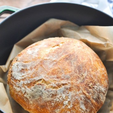 Front shot of no knead bread recipe made in a Dutch oven