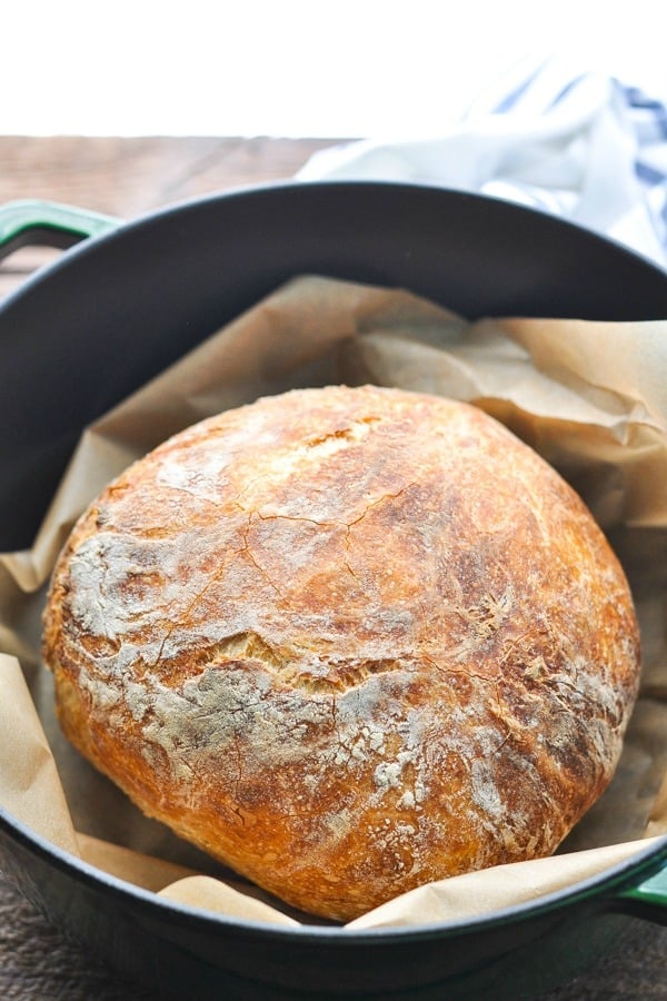 Front shot of no knead bread recipe made in a Dutch oven