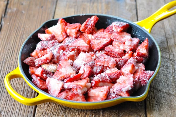 Filling for strawberry crisp in a cast iron skillet