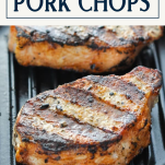 Grilled pork chops on a grill with text title box at top
