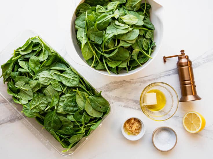 Ingredients for a sauteed spinach recipe.