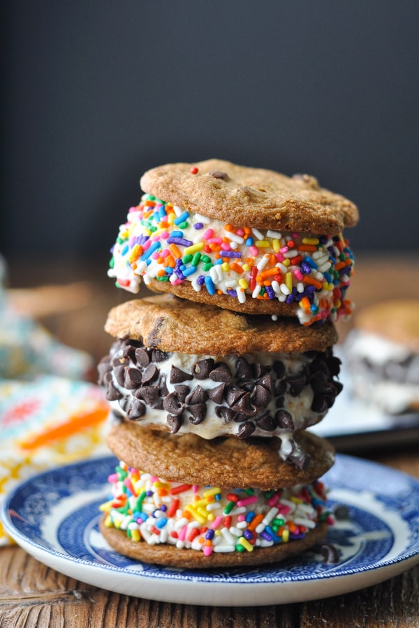 A stack of three cookie ice cream sandwiches
