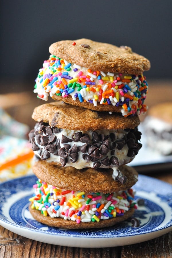 Close up shot of 3 cookie ice cream sandwiches stacked on top of each other