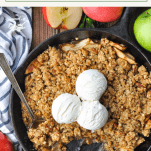 Overhead shot of easy apple crisp with a text title at the top