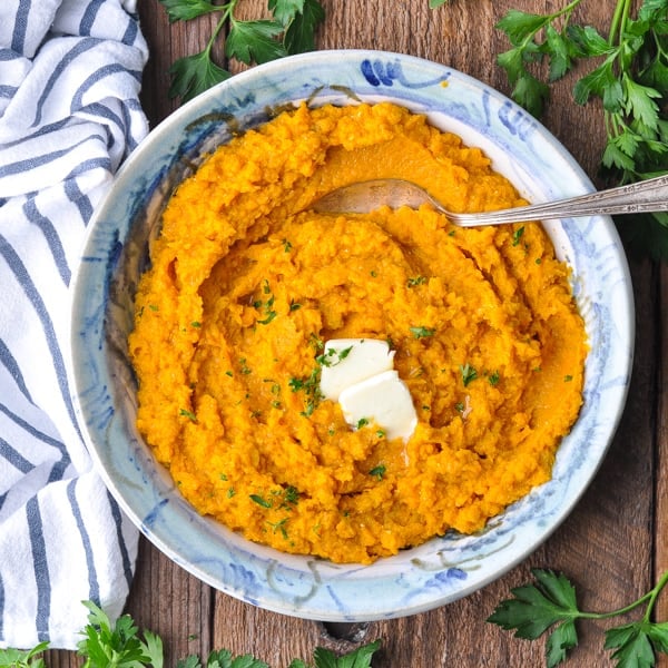 Square image of a bowl of an easy mashed sweet potatoes recipe