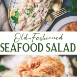 Long collage image of seafood salad