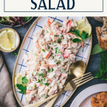 Overhead shot of a plate of seafood salad with text title box at top