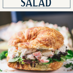 Seafood salad sandwich on a croissant with text title box at top