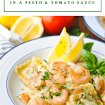 Bowl of shrimp with ravioli with a title on top