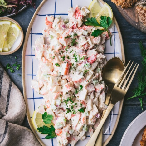 Close overhead shot of a plate of the best homemade seafood salad recipe