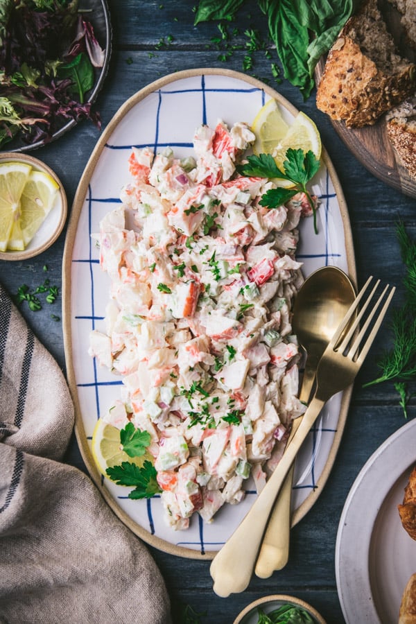 Close overhead shot of a plate of the best homemade seafood salad recipe
