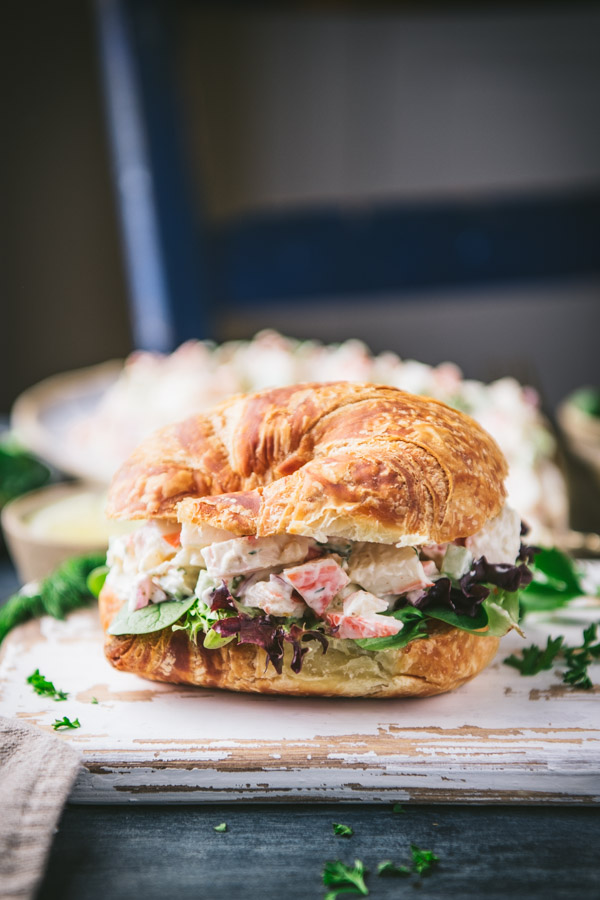The best seafood salad recipe served on a croissant