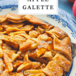 Close up side shot of apple galette with a text title at top