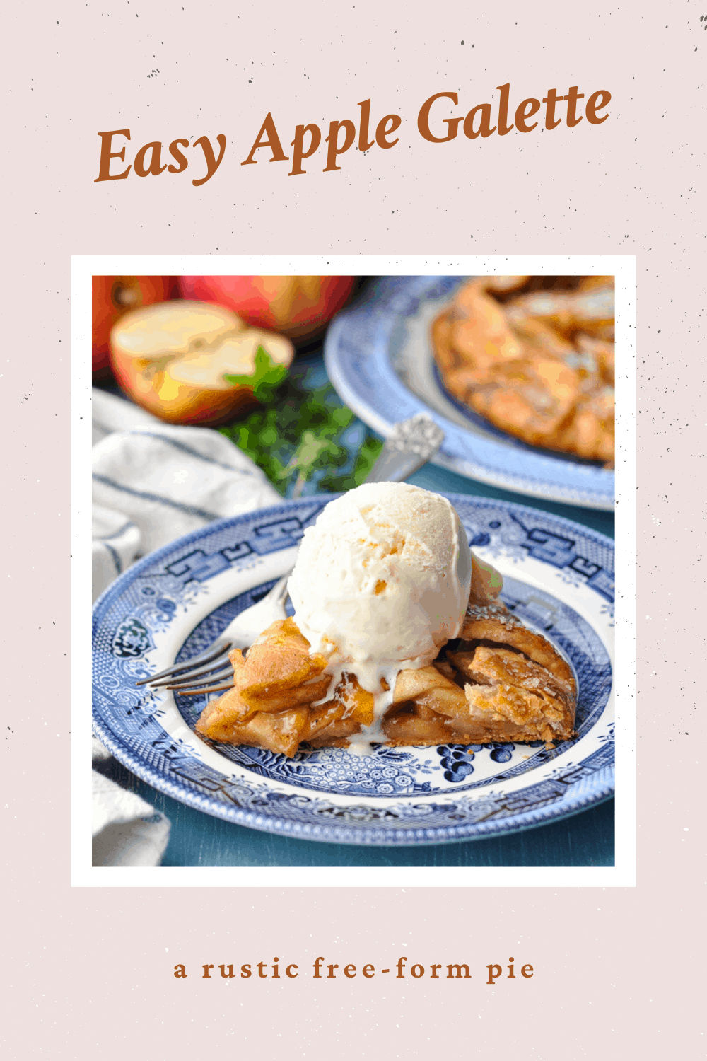Framed image of a slice of apple galette with ice cream and text on border