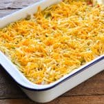 Grated cheese on top of spaghetti casserole