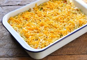 Grated cheese on top of spaghetti casserole