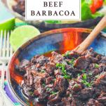 Bowl of Crock Pot Beef Barbacoa with a text title box at the top of the image