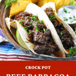 Beef barbacoa tacos with a text title box at the bottom of the image