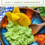 Overhead image of a bowl of authentic guacamole with a text title box at the top