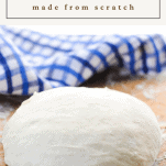 Ball of easy pizza dough with text title at top