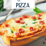 Side shot of french bread pizza with pepperoni and text title overlay