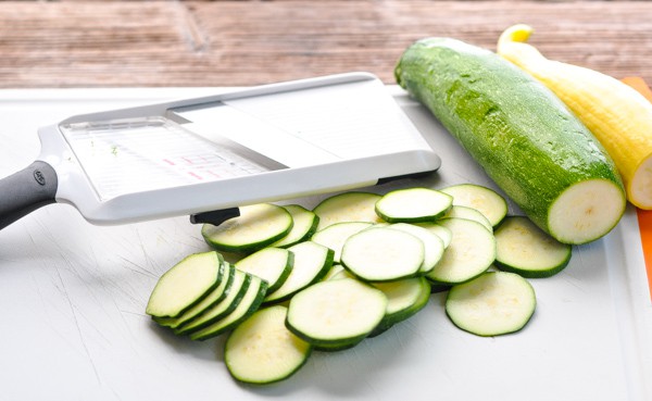 Sliced zucchini on a cutting board