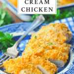 Sour cream chicken on a plate with a text title box at the top of the image