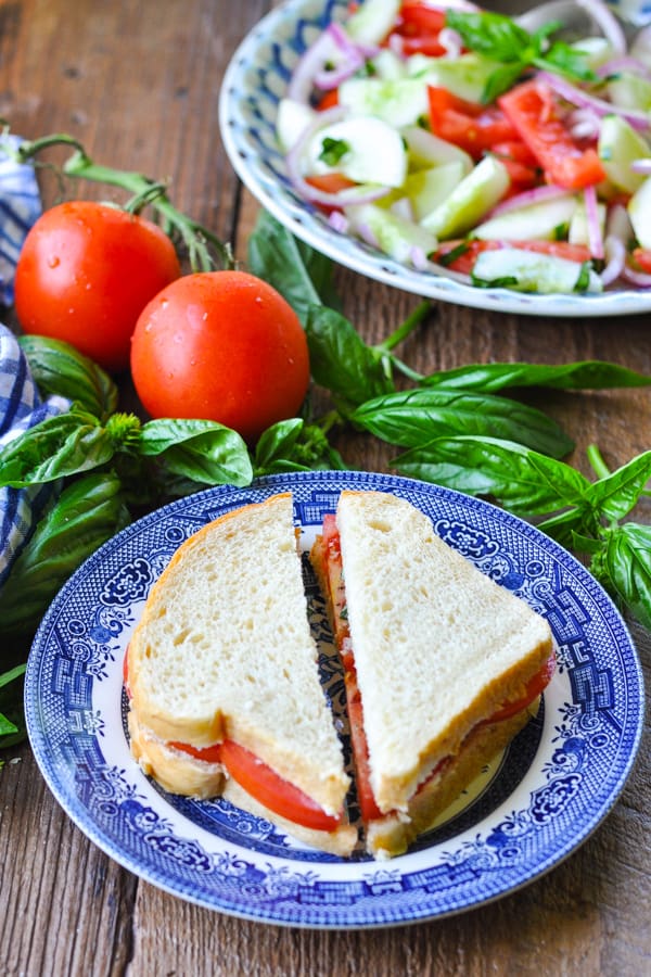 Plate of tomato sandwich and a salad in the background on a wooden table