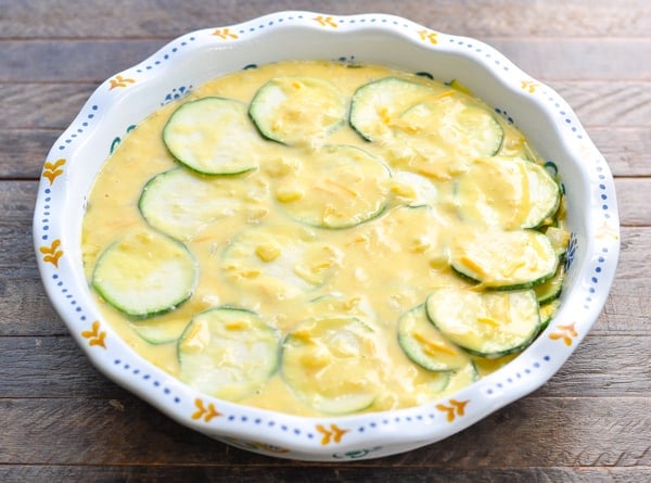 Process shot of how to make zucchini pie with bisquick