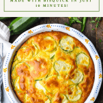 Overhead image of zucchini pie with a text title box at top