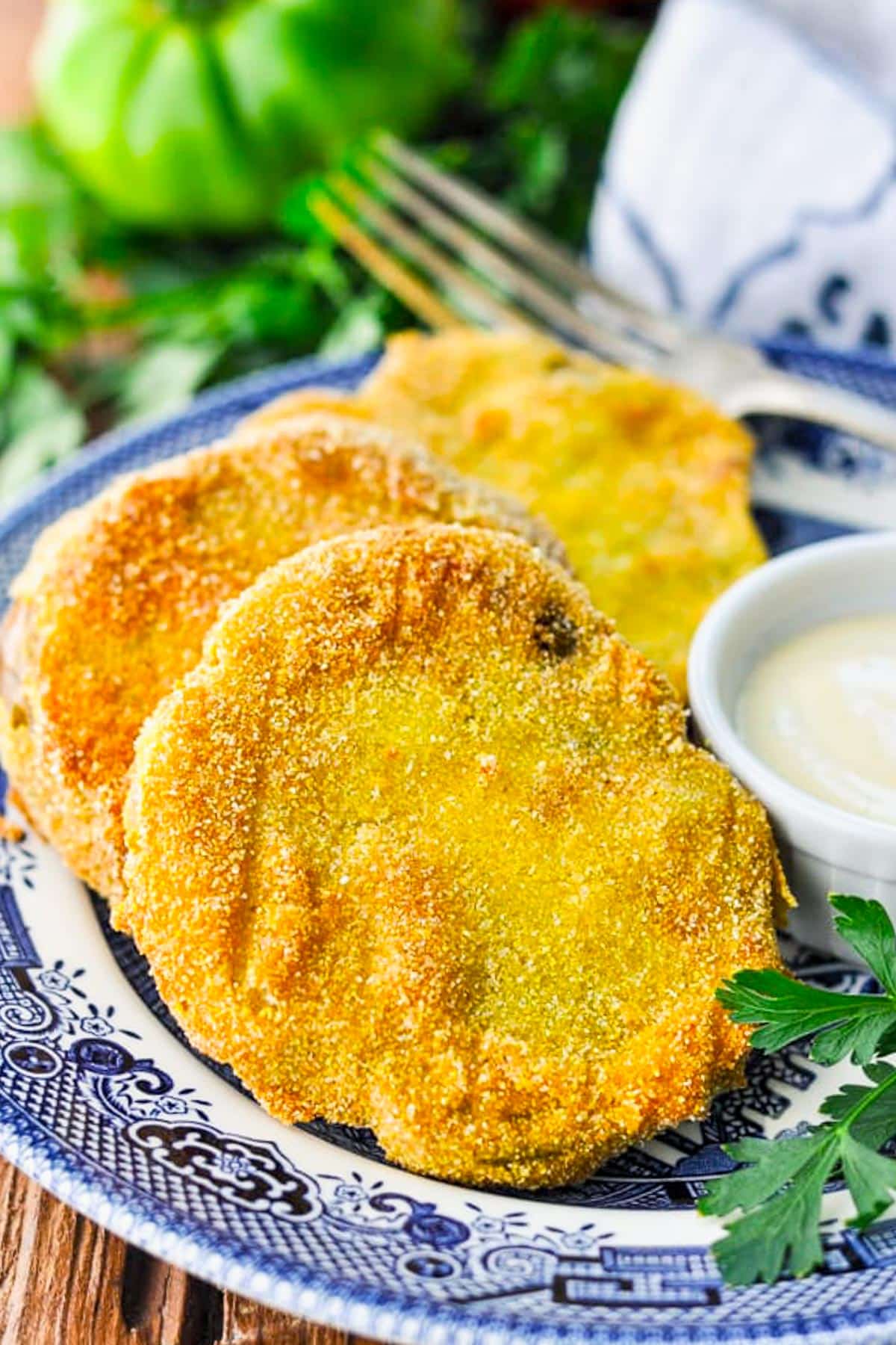 Close up side shot of southern fried green tomatoes recipe served on a blue and white plate.